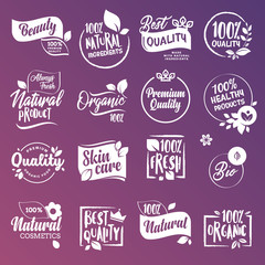 Collection of labels and badges for natural cosmetics and beauty products. Vector illustrations on a stylized background, for cosmetics, healthcare, spa and wellness. 