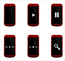 Ensemble de téléphone rouge et noir, moderne et réaliste avec options de lecture, communication, film, internet et musique