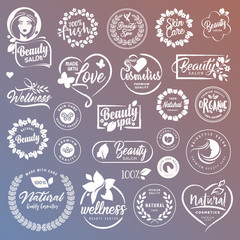 Collection of signs and elements for natural cosmetics and beauty products. Vector illustrations on a stylized background, for cosmetics, healthcare, spa and wellness. 