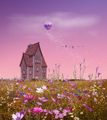 Fantasy field with flowers, a small house, balloon and pink sky. 3D rendering