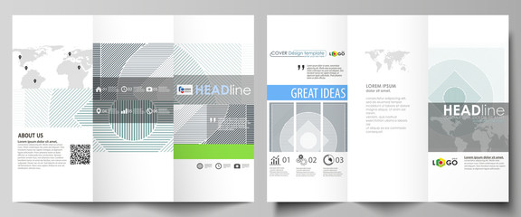 Tri-fold brochure business templates on both sides. Easy editable abstract vector layout in flat design. Minimalistic background with lines. Gray color geometric shapes forming beautiful pattern.