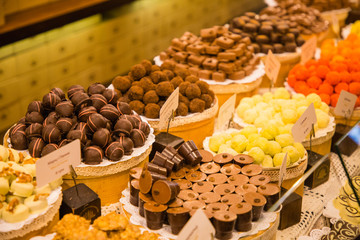 Handmade chocolate sweets in Lviv's shop, Ukraine