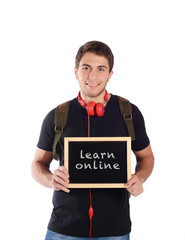 Man holding chalkboard with 