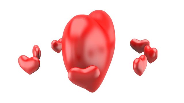 The love hearts revolve around the big heart. Looped animation. Isolated with mask. UHD - 4K. 3D Rendering.