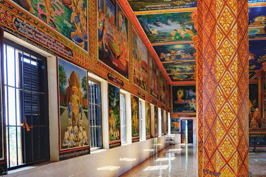 The interior of modern Theravada Buddhist monastery, which is built near the historical Lolei temple in Siem Reap, Cambodia