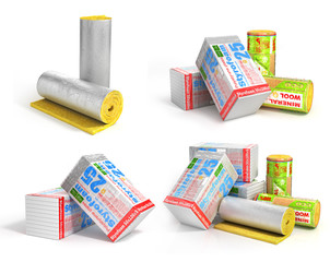 Set of insulation materials. Roll of insulation wool for construction with styrofoam stack. 3d...