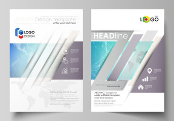 The vector illustration of the editable layout of two A4 format modern covers design templates for brochure, magazine, flyer, report. Molecule structure, connecting lines and dots. Technology concept.