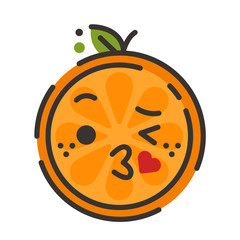 Kiss emoji. Kissing orange fruit emoji with heart. Vector flat design emoticon icon isolated on white background.