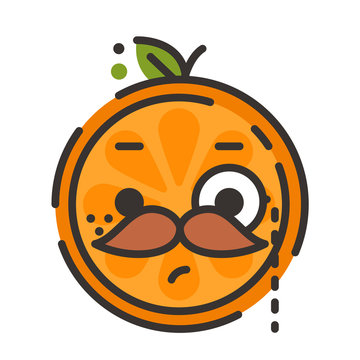 Gentleman smile emoji. Smiley orange fruit emoji with mustache and monocle. Vector flat design emoticon icon isolated on white background.