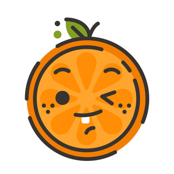 Wink emoji. Winking smiley orange fruit emoji. Vector flat design emoticon icon isolated on white background.