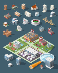 Set of Isolated High Quality Isometric City Elements . Harbor with Shadows on Dark Background