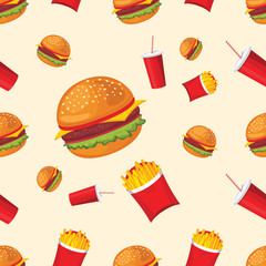 Vector seamless pattern of fries, coca-cola and hamburger. Cute fast food.
