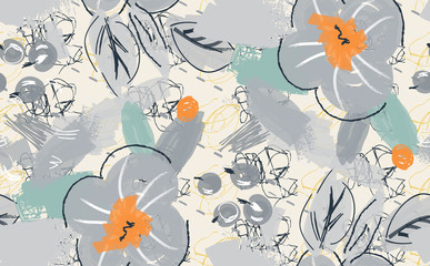 Fototapeta na wymiar Abstract scribbles with gray flower and berries