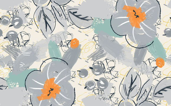 Abstract scribbles with gray flower and berries