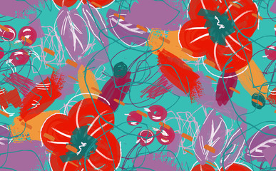 Abstract scribbles with red flower and berries