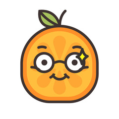 Cute smile emoji wearing glasses. Smiley smart orange fruit emoji with glasses. Vector flat design emoticon icon isolated on white background.