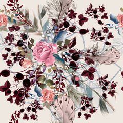 Fototapety  Ilustracja moda boho z kwiatami róży i roślinami