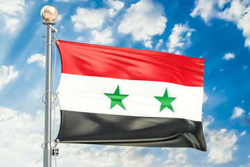 Syrian flag waving in blue cloudy sky, 3D rendering