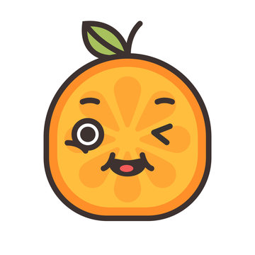 Wink emoji. Winking smiley orange fruit emoji. Vector flat design emoticon icon isolated on white background.