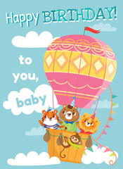 Obraz na płótnie Canvas Birthday greeting cards with cute animals. Funny animals on hot air balloon. Vector illustration.