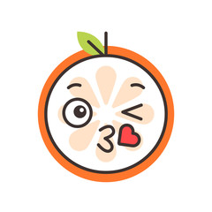Kiss emoji. Kissing orange fruit emoji with heart. Vector flat design emoticon icon isolated on white background.