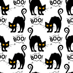 Abstract seamless pattern for girls or boys. Creative vector background with cat, cloud boo, halloween. Funny wallpaper for textile and fabric. Fashion style. Colorful bright picture for children.