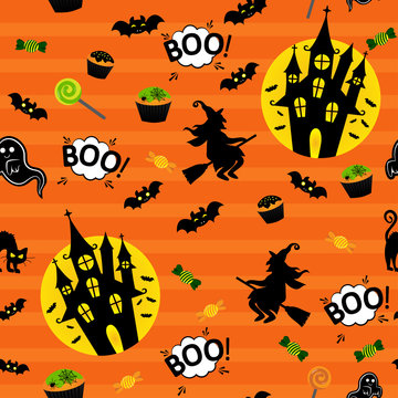 Abstract seamless pattern for girls or boys. Creative vector background with whitch, castle, halloween. Funny wallpaper for textile and fabric. Fashion style. Colorful bright picture for children.
