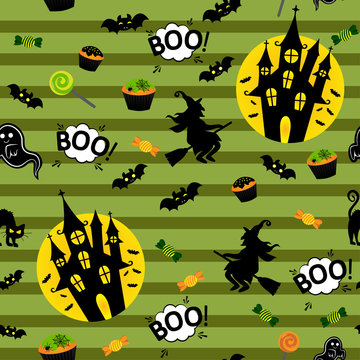 Abstract seamless pattern for girls or boys. Creative vector background with whitch, castle, halloween. Funny wallpaper for textile and fabric. Fashion style. Colorful bright picture for children.