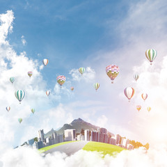 Fototapeta na wymiar Concept of eco green life as elegant business center on white clouds