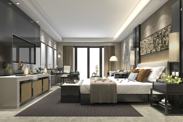 3d rendering luxury modern bedroom suite in hotel