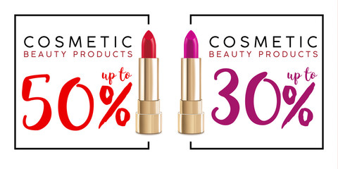 Cosmetics sale banner with lipstick. Fashion sale discount illustration