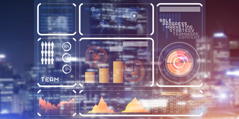 Financial consulting and analytics concept with infographs on screen and cityscape at background
