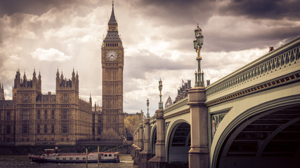 Big Ben Tower and Houses of Parliament, London (UK). April 2016