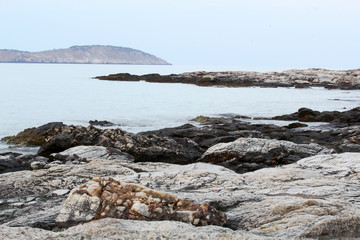 Aegean shore in Greece, Thassos island - waves and rocks - long exposure photography
