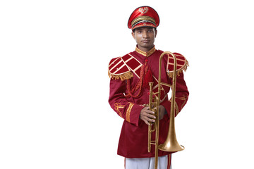 Portrait of a bandmaster holding a trumpet