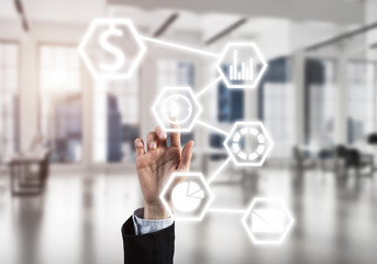 Modern office interior and close of businesswoman hand choosing 