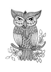 Owl sitting on branch. Decorative ornament.