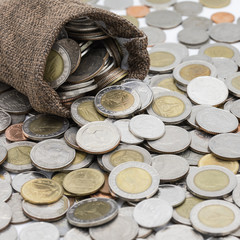 Many coin in the bag. Saving money concept