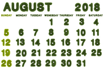 Fototapeta na wymiar Calendar for August 2018 on white background,3d rendering green grass
