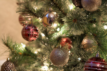 Obraz na płótnie Canvas Christmas lights and bubbles background, Christmas tree holiday decor