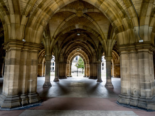 Cloisters connecting the quadrangles at the main University of Glasgow building. The university is the oldest in Scotland and one of the oldest in the United Kingdom.