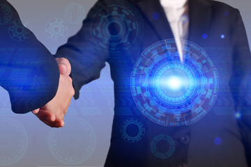 Double exposure of businessman handshake and digital cyber circular as business, commitment,...