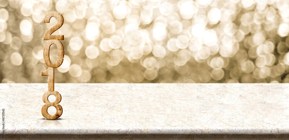 Poster happy new year 2018 wood number (3d rendering)on marble table with sparkling gold bokeh wall,panoram