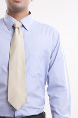 Midsection of young businessman in shirt and tie over white background