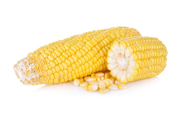 uncooked sweet corn with leaf on white background
