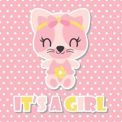 Cute baby kitten as baby girl on polka dot background vector cartoon illustration for baby shower card design, kid t shirt design, and wallpaper