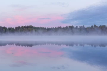 Foto op Plexiglas Calm foggy lake scape summer night © Juhku