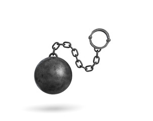 3d rendering of a black iron ball and chain with a cuff hanging on white background.