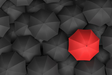3d rendering of open bright red umbrella towering over an endless amount of similar black umbrellas.