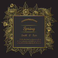 Chrysanthemum vintage card on black background.Chrysanthemum flower by hand drawing.Floral vintage highly detailed in line art style.